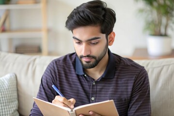 An Indian male student taking notes with a notebook and pen.
