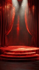 3d Mock up Velvet red podium with theater curtains and spotlight. Pedestal stage for luxury fashion presentation. Dramatic scene for advertising. Sale promotion background.