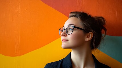 side view portrait of a young digital marketing professional, huge exponentially rising curve painted on the wall in the background, use the colours port gore and amber