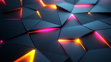 A dynamic, abstract background featuring a pattern of triangular shapes illuminated by vibrant neon lights, creating a high-tech, futuristic aesthetic