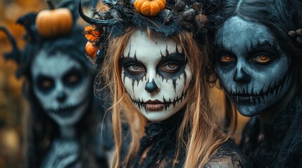 Three figures with skull makeup and Halloween-themed accessories.