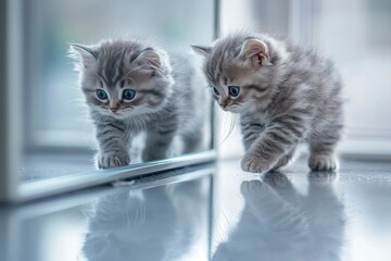 Sticker - A Curious Kitten Looking At Its Reflection In A Mirror