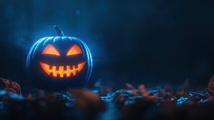 Canvas Print - Eerie Blue Holographic Jack-o'-Lantern Floating in Dark Setting with Copy Space, Selective Focus - Ultra HD