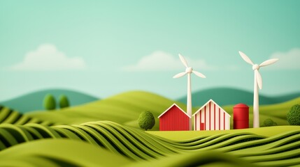 sustainable living green architecture with wind turbines and eco-friendly homes in a lush landscape.