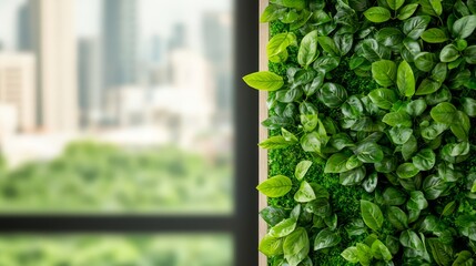 green wall in modern sustainable office building with blurred cityscape background - eco-friendly design concept