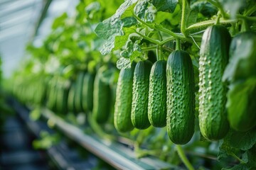 Cucumbers growing under sun in greenhouse