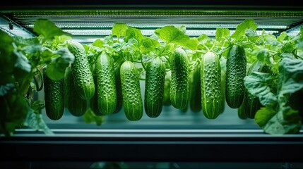 Cucumbers growing under sun in greenhouse