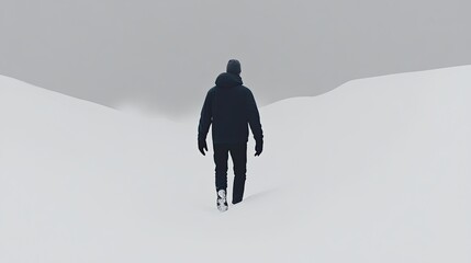 Wall Mural - Snow-covered landscape single figure walking through winter scene muted whites and grays minimalist serene atmosphere