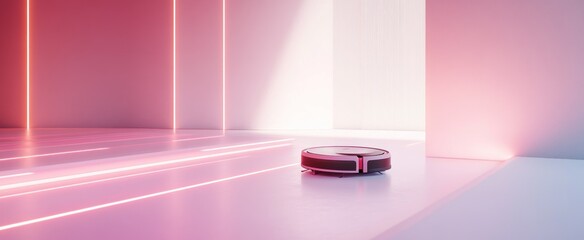 Wall Mural - Robot Vacuum Cleaner in a Modern Room with Pink and White Lighting