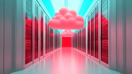 Wall Mural - A visualization of a cloud with multiple virtual servers hosted on it, demonstrating the concept of cloud computing.