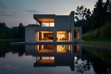 Awesome design of modern concrete house in a beautiful nature scenery near lake at evening light. Generative IA