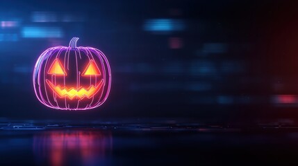 Canvas Print - Glowing Neon Jack O'Lantern in Cyber Urban Setting with Copy Space for Halloween Message, Selective Focus on Eerie Pumpkin, Ultra HD Quality