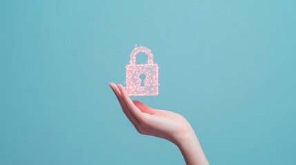 Wall Mural - A hand holding a device with a padlock icon, representing the secure transfer of data through encryption.