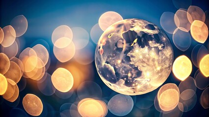 Wall Mural - Clear close-up of a full moon with softly blurred lights in backdrop