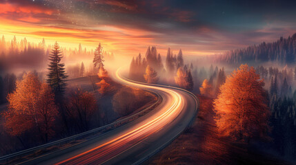 Autumn Road in the Mountains at Sunset