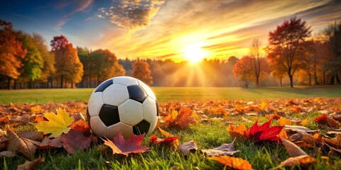 Sticker - Autumn sunset setting over a soccer ball on a field covered in colorful leaves