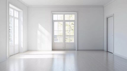 Wall Mural - Spacious empty living room interior with white walls and laminate flooring with door leading to balcony