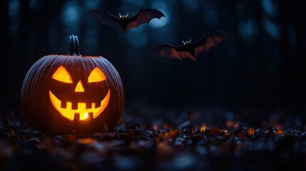 Wall Mural - Eerie Glowing Jack-o'-lantern with Bats in Dark Night, Halloween Spooky Background with Copy Space, Selective Focus - Ultra HD