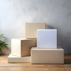 Poster - Minimalist product display with stacked cardboard boxes on a wooden surface.