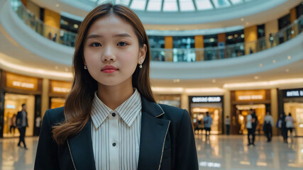 Poster - girl formal wear in Upscale shopping mall atrium background