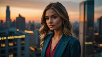 Poster - girl formal wear in Urban skyline at sunset background