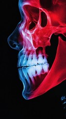 Sticker - A red and blue X-ray image of a human skull in profile, showing teeth and jaw.