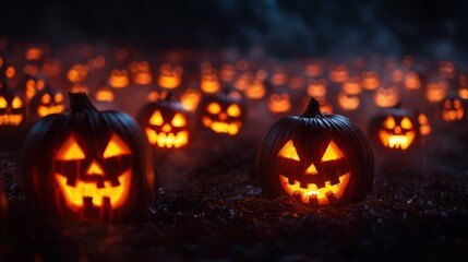 Canvas Print - Spooky Halloween Scene: Jack-o'-Lanterns on Misty Hillside with Copy Space for Text in Ultra HD