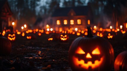 Canvas Print - Spooky Halloween Scene in Deserted Village Square with Jack-o'-lanterns Illuminating Old Buildings, Copy Space for Text