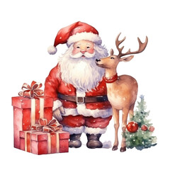 watercolor santa claus and reindeer with gifts. christmas illustration isolated on transparent backg
