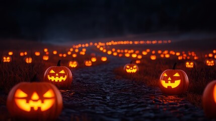 Poster - Spooky Pumpkin Patch Road at Night - Halloween Jack-o'-lanterns Illuminating Winding Path in Autumn Landscape with Copy Space