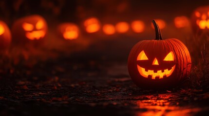 Wall Mural - Spooky Pumpkin Patch Road at Night - Halloween Landscape with Jack-O'-Lanterns Illuminating the Path, Copy Space, Selective Focus, Ultra HD