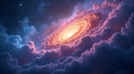 Swirling cosmic clouds surround a vibrant galaxy in a spectacular display of color and light