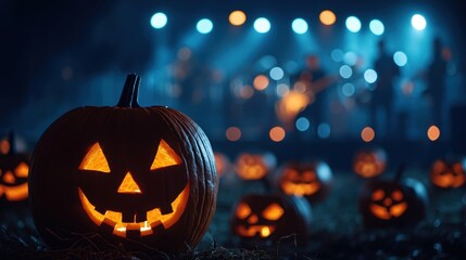 Canvas Print - Spooky Halloween Concert with Glowing Jack O'Lanterns and Copy Space, Selective Focus, Ultra HD