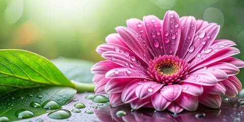 Wall Mural - Close-up of pink flower with water droplets and green leaf in foreground