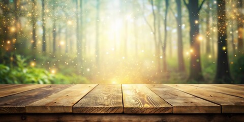 Wall Mural - Smooth wood tabletop with a mystic woodland backdrop and shimmering light specks