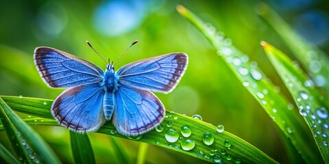 Wall Mural - Blue butterfly perched on wet green plant with blurred background