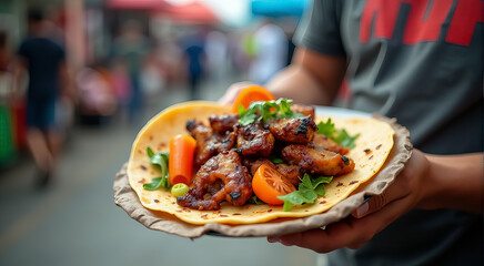 A vibrant street vendor's wrap filled with grilled meat and fresh vegetables in a bustling market during the afternoon