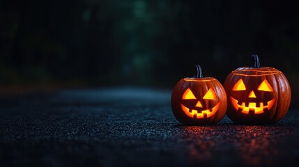 Canvas Print - Spooky Halloween Night - Empty Street with Jack O'Lanterns Illuminating the Darkness, Copy Space for Text, Selective Focus, Ultra HD