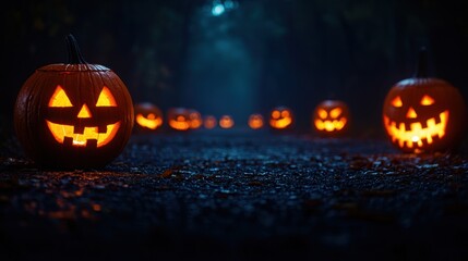 Wall Mural - Spooky Halloween Night on Deserted Street with Jack-O'-Lanterns Illuminating the Path | Eerie Urban Scene for Copy Space Text, Selective Focus (Ultra HD)