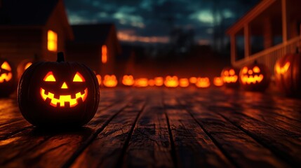 Wall Mural - Spooky Halloween Night in Small Town with Jackolanterns and Shadows - Copy Space for Text, Ultra HD