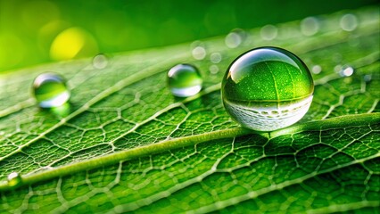 Wall Mural - Close-up of a dewdrop on a green leaf with smaller droplets surrounding it