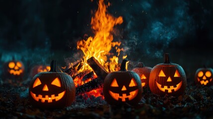 Wall Mural - Spooky Halloween Bonfire with Glowing Jack-o'-Lanterns at Night, Copy Space for Text, Selective Focus - Ultra HD