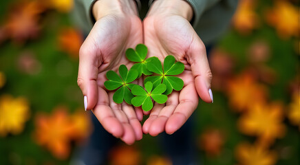 Hands holding vibrant green clovers against a backdrop of autumn leaves in a serene outdoor setting during daytime