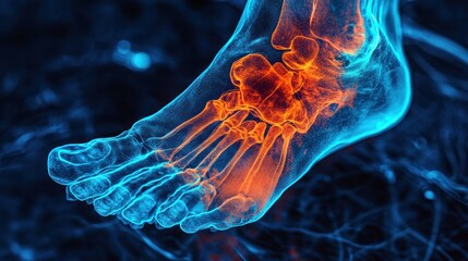 Wall Mural - A 3D rendering of a human foot with the bones highlighted in red, showing pain and inflammation.