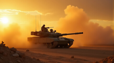 A tank fires at sunset, creating a dramatic scene in a desert landscape during military exercises