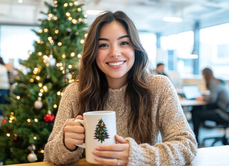 Canvas Print - A young woman in her late twenties, wearing comfortable and holding a coffee mug while sitting at a desk with a laptop on the table inside a modern office space