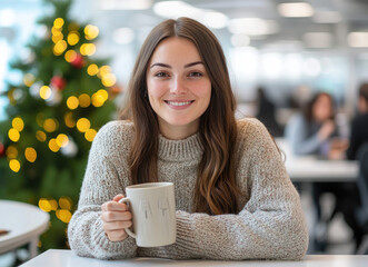 A young woman in her late twenties, wearing comfortable and holding a coffee mug while sitting at a desk with a laptop on the table inside a modern office space