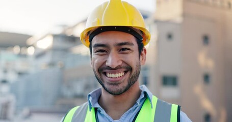 Wall Mural - Happy, asian man and civil engineer with helmet in city or confidence for construction, building or architecture on roof. Portrait, male person or architect with smile, hard hat or safety in Malaysia