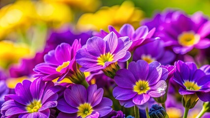 Wall Mural - Close-up of vibrant purple flowers with yellow and purple blossoms in the background