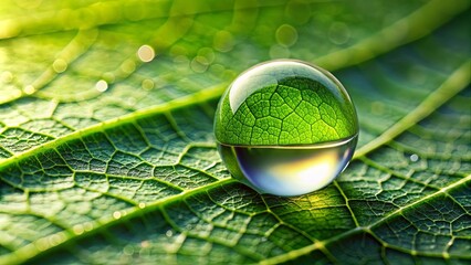 Wall Mural - Close-up of water drop on submerged leaf tip with minor droplets at base